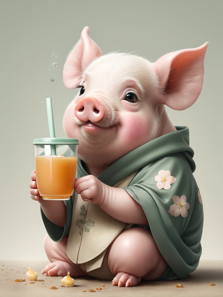 A cute pig drinking boba