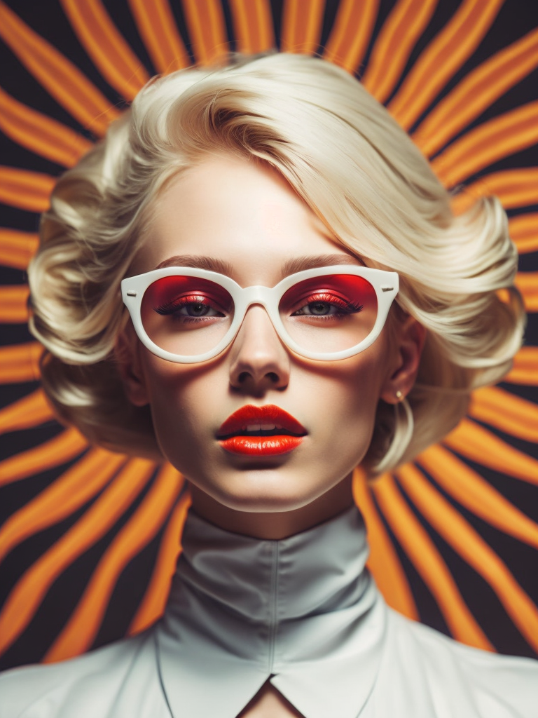 Pale-skinned girl model, wearing a high-necked dress, contrast lighting, white sunglasses with red-orange lenses, red lips, blonde hair in a bob style, dark background with orange-red rays, fashion model, magazine cover, professional shot,