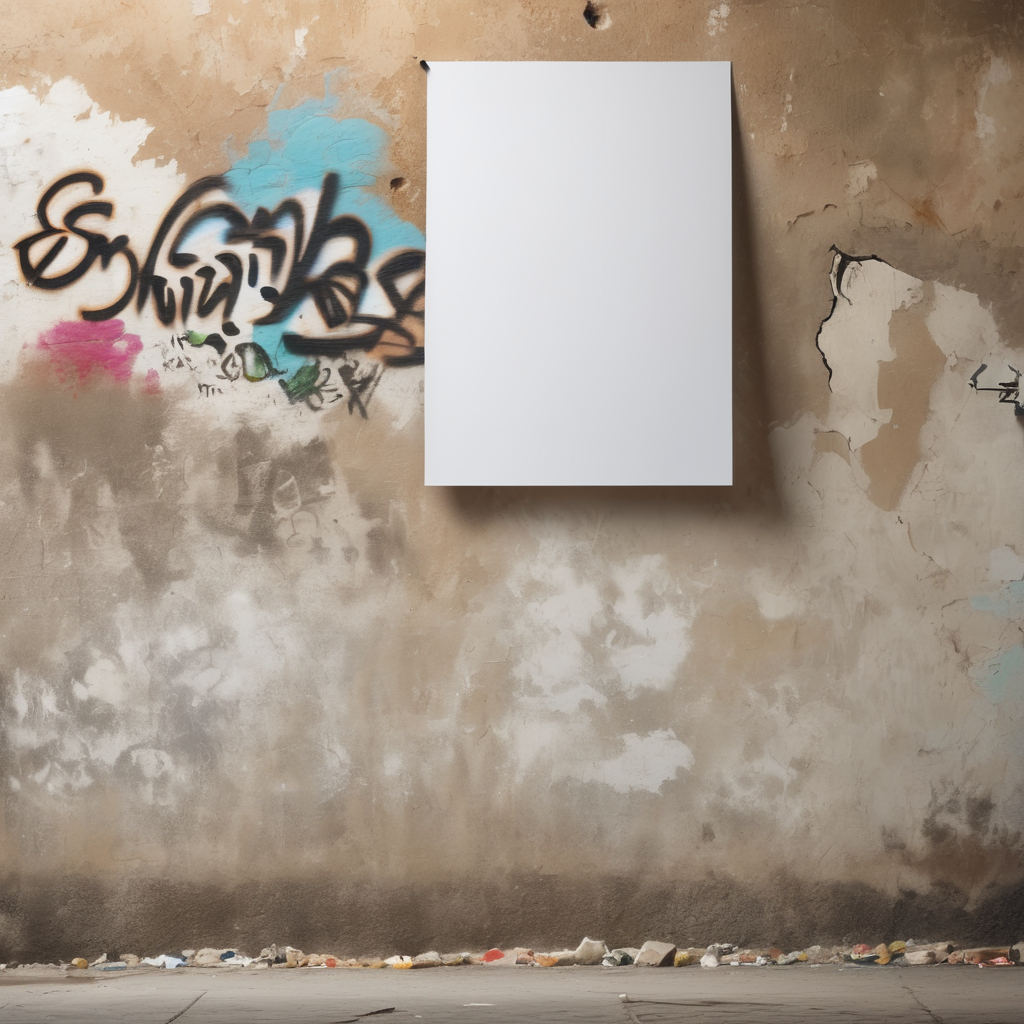 a white blank poster hangs on an old shabby wall with graffiti, the corner of the poster is bent, people are blurred, daylight, mockup, mock up