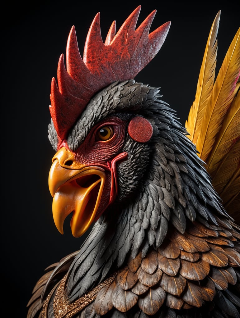 Un gallo imponente hecho de madera con un fondo obscuro y toques neon