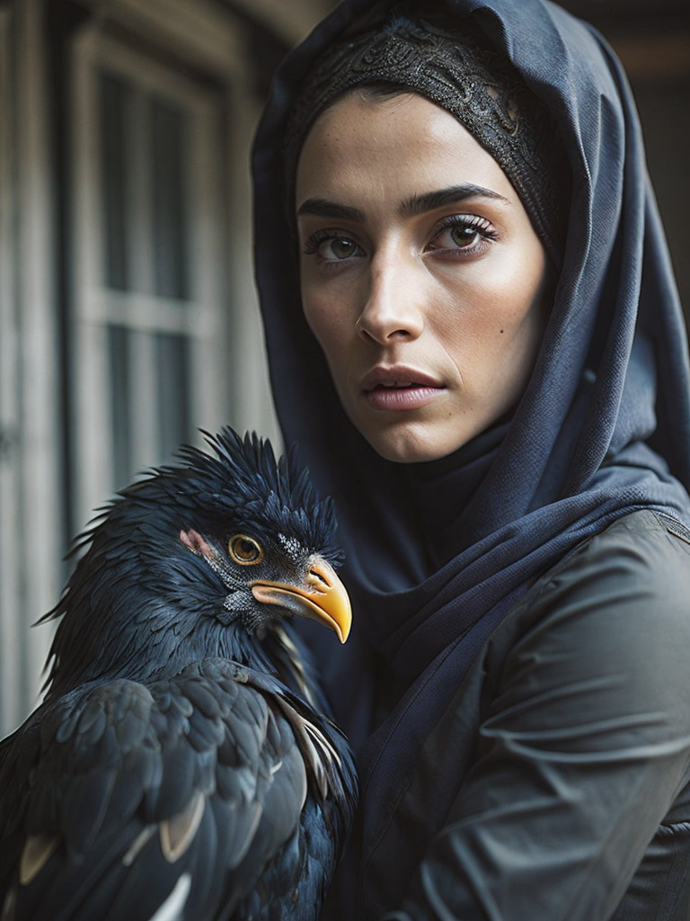 hyper-realistic, ultra-detailed photograph Portrait of a Beautiful women from wearing black niqab hijab hugging a Rooster in the Renaissance ottoman mosque background, detailed gorgeous face,