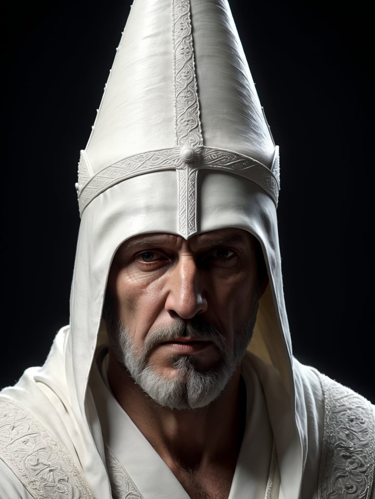 klan kkk man in blank white robe and long white cone shaped hat, medieval, fantasy
