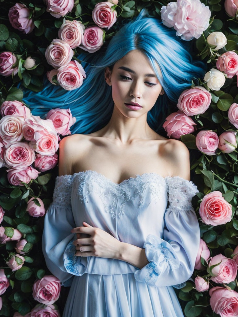 Desktop HD wallpaper: Flower, Rose, Dress, Model, Women, Blue Eyes, Blue Hair, Long Hair, Lying Down free download background picture,Human laying in flowers, top view, cinematic, dark light, beautiful colors, detailled, 4k