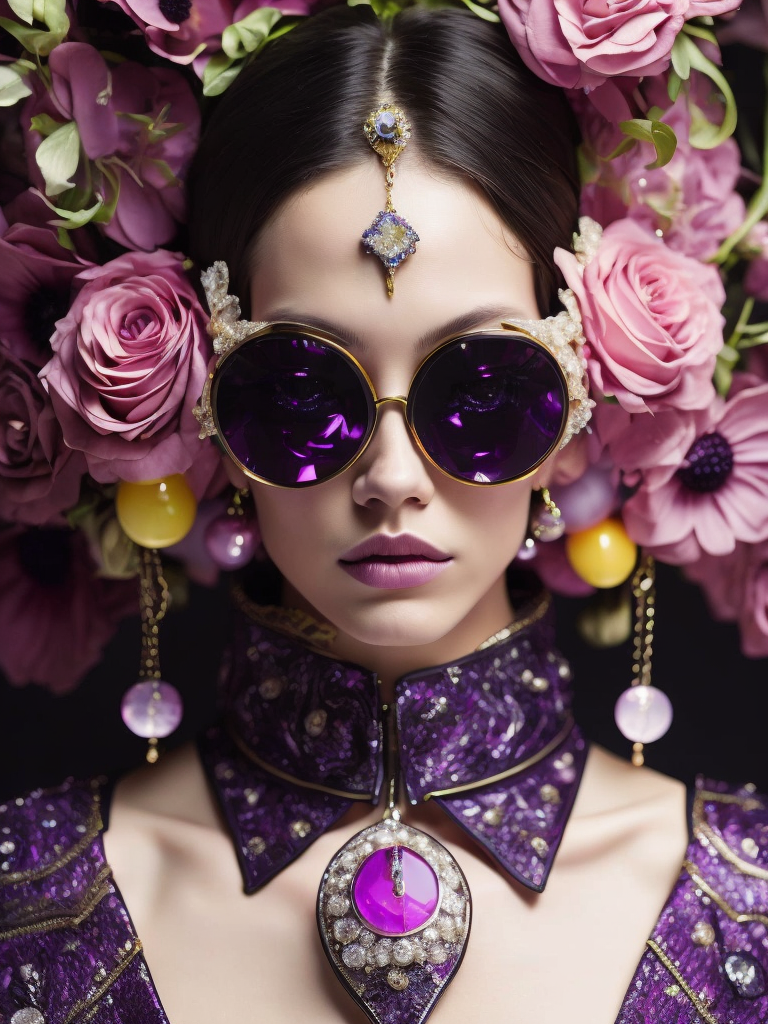 purple and pink, retrofuturism, retro future, 1970, purple healer shaman, bright, colorful rgb, dream world, Alexander McQueen Glazier, angel face, shaman, horrific, arty pose, fashion, massive huge jewelry, precious gems, massive pearls, giant white diamonds, retrofuturistic, crystal, marble, glass, floral, massive big flowers, gem flowers, hyper neon glow, dark, moody, diaphanous layered ultra haute couture, high definition, high resolution, bold vibrant colors , volumetric lighting, 8k, 3d rende, style by dior, style by channel, by Jimmy Marble and Takashi Murakami