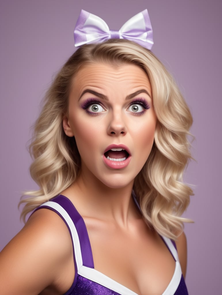 Portrait of a cheerleader looking slightly shocked. Light purple background. Realistic.