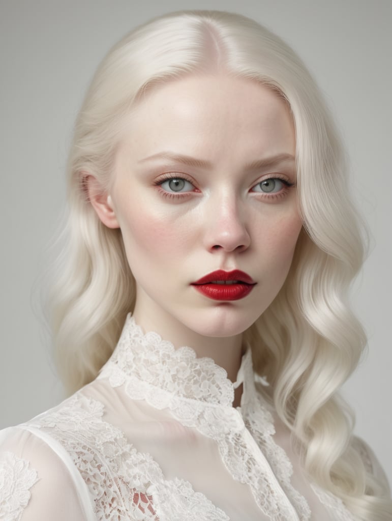 extremely realistic image of an albino woman, extremely white skin and hair, white lace clothes, (red lips), light grey eyes, ultra sharp focus, white background, studio photography by MSchiffer