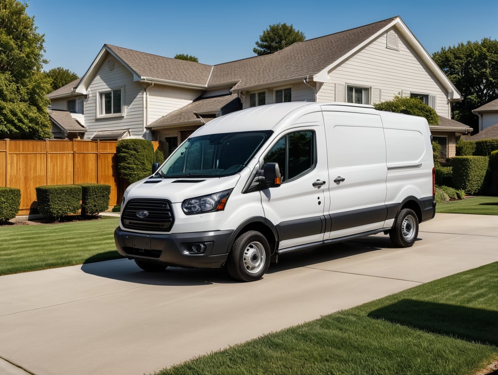 A white ford transit van parked in front of a suburban house, sunny day, publication advertisement photography, hyper realistic