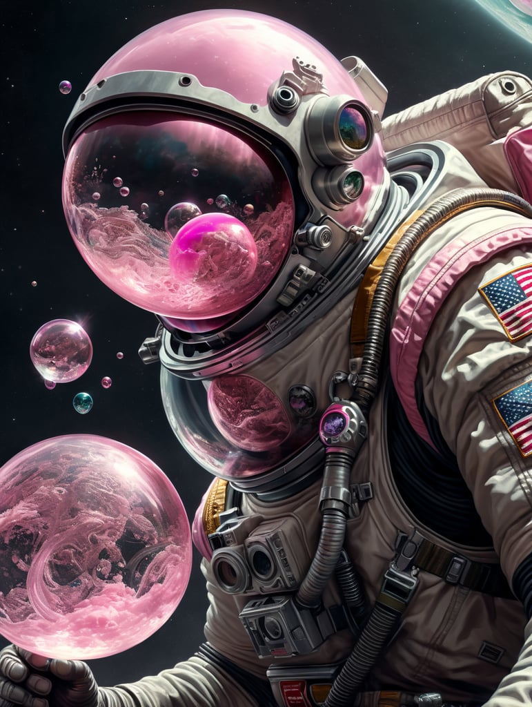 astronaut på en planet I fjern fjern galakse blæser en pink tyggegummi bobbel