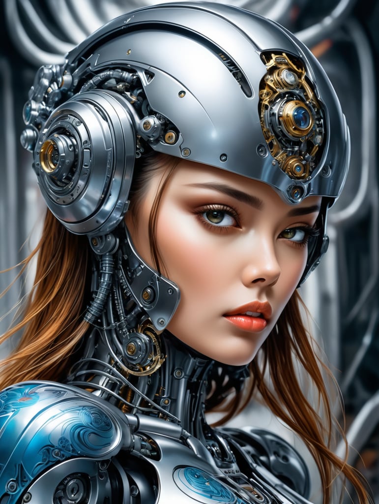 airbrush art sorayama inspired futuristic painting robot art mechanical details metallic hues sci fi illustration technological aesthetics surreal artwork robotic fantasy women