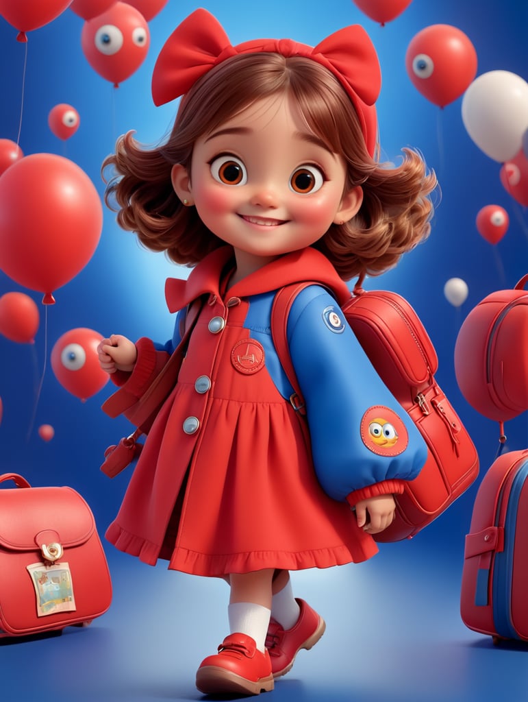 photo happy little girl going to travel, cute girl, dressed in all red, blue background, harpers bizarre, cover, headshot, hyper realistic