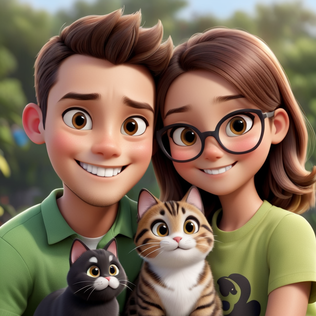 Dark brown tabby cat, black and white cat, boy, girl, smooth face, smile, stubble