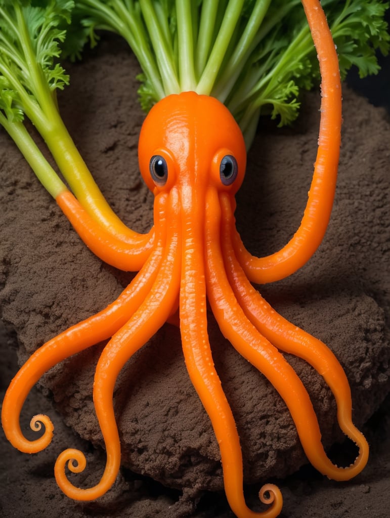 Incredible animal hybrid of a carrot plus a octopus. The tail of the carrot is a octopus.
