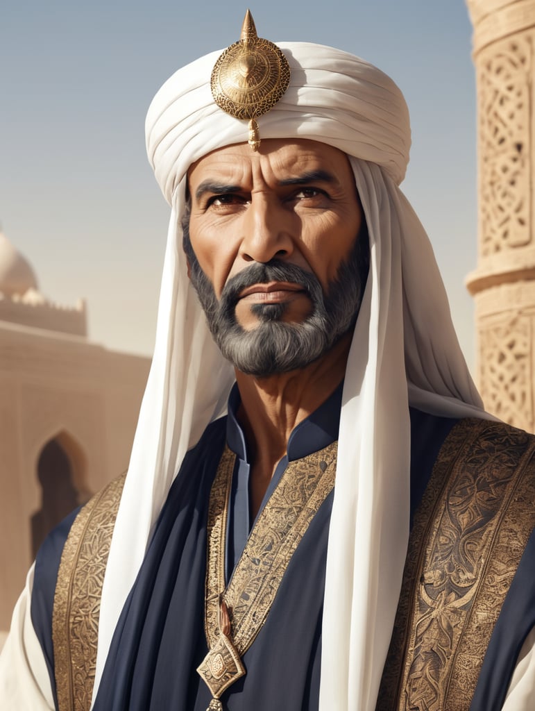 Image of the figure of a warlord in ancient times with a handsome face wearing Middle Eastern style royal clothing and gusts of wind blowing towards the warlord and his dashing face