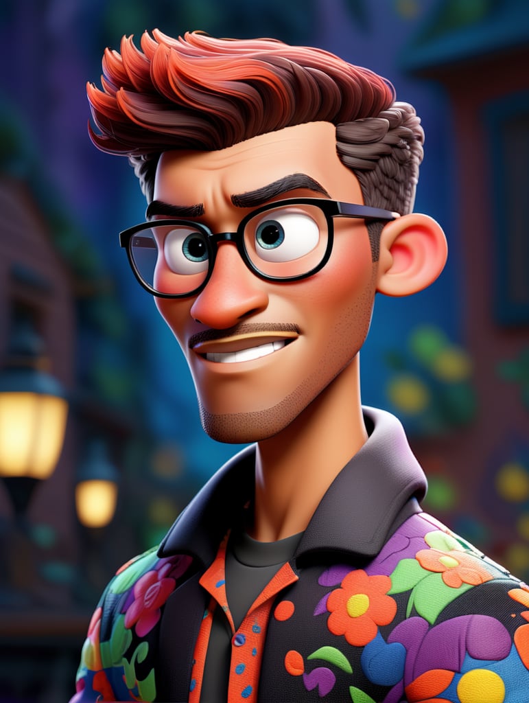 Beautiful black man with straight hair combed to the side, wearing square black glasses, wearing a colorful, vibrant and detailed embroidered jacket, using a computer, Disney Pixar 3d style image