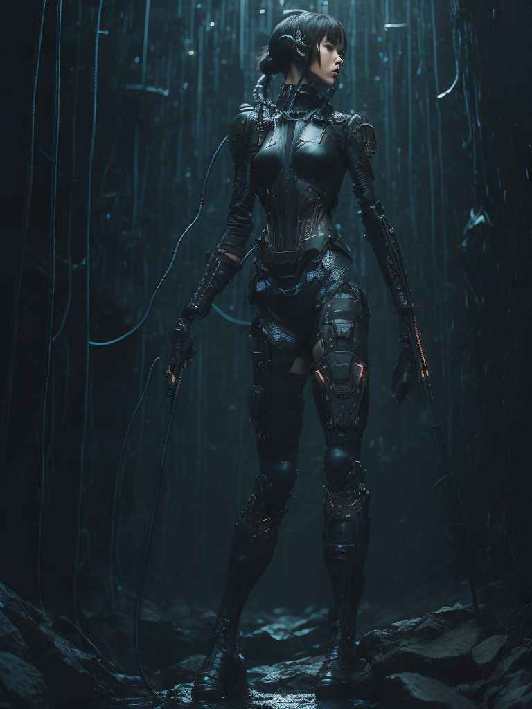 woman, ghost in the shell style, black covered suit lying water tank plugin cables complicated mechanical parts cyberpunk style intricate details robotic arms