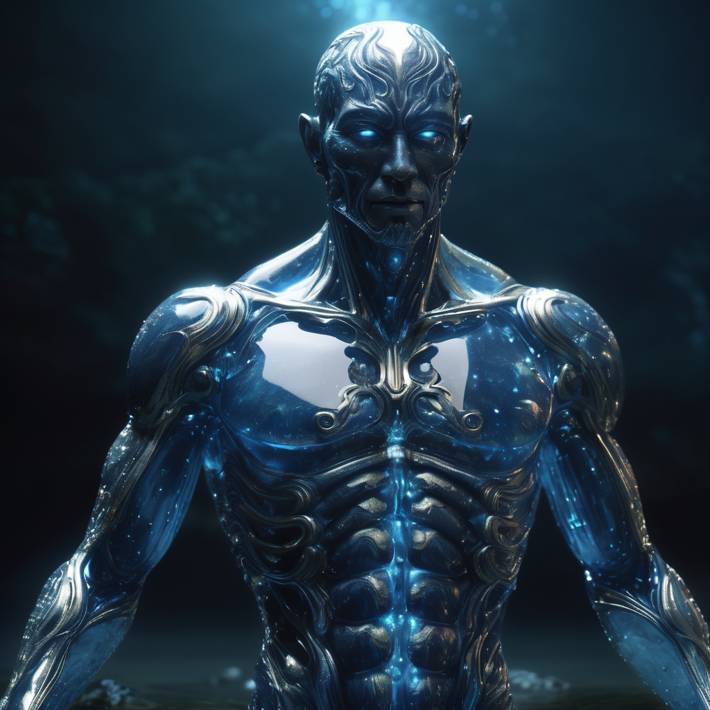 humanoid made entirely of god luminescent and translucent liquid materials, on night Blue River , you can see all the inside of his body, supranatural style, realistic style, infinite ultra high definition image quality and rendering, infinite image detail, infinite realistic render, infinite realistic RTX global illumination, infinite special effect