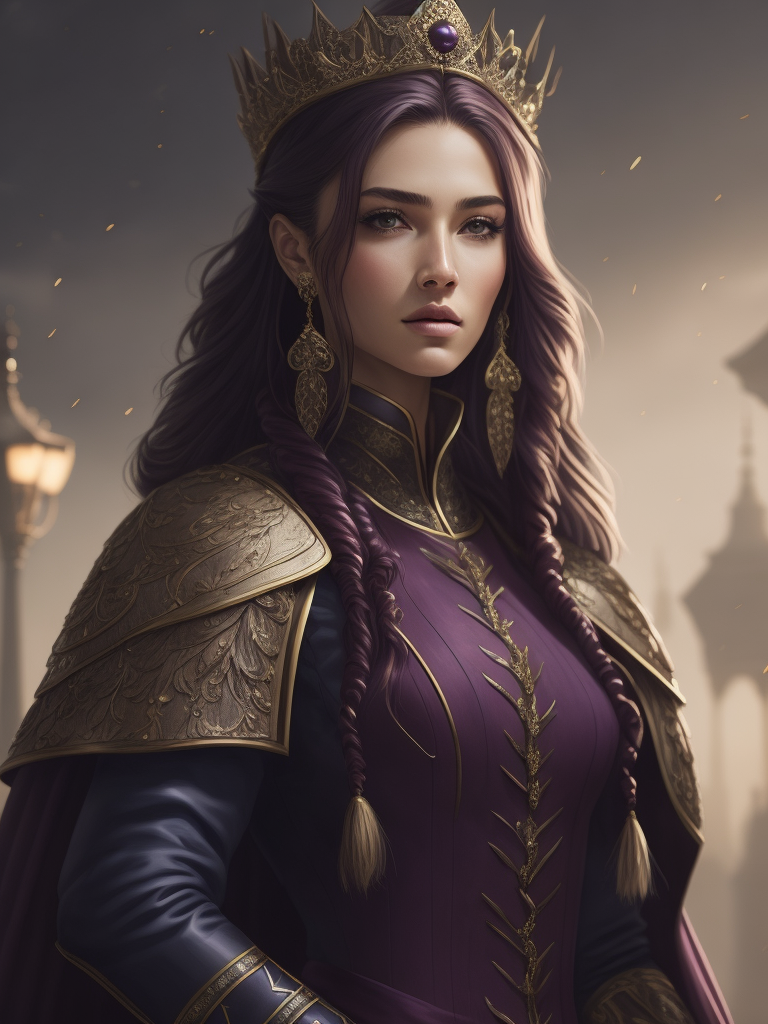 Portrait of a young queen with long wine color braided hair, royal guard purple outfit, elegant, highly detailed, digital painting, artstation, concept art, smooth, illustration, oval face, art by helena nikulina