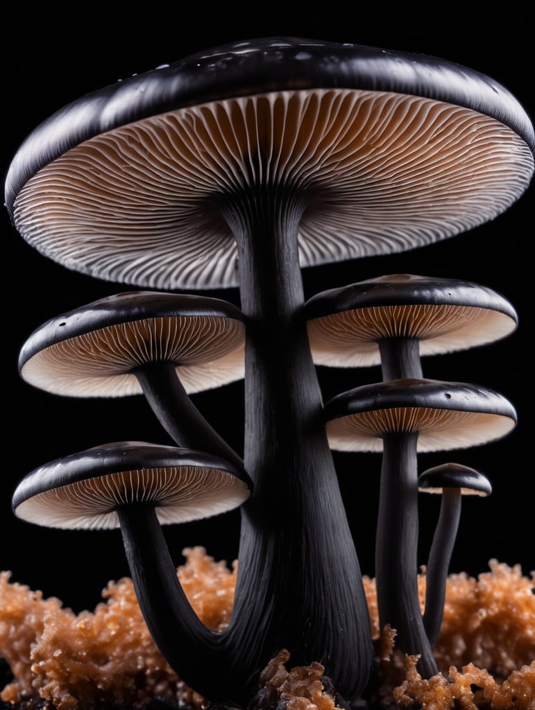 Macro photo of a black translucent alien mushroom, isolated, black background