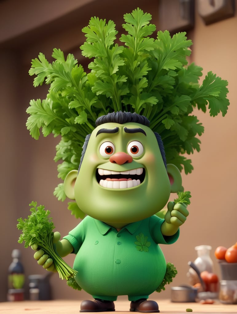 ugly man with parsley in his hand cartoon style