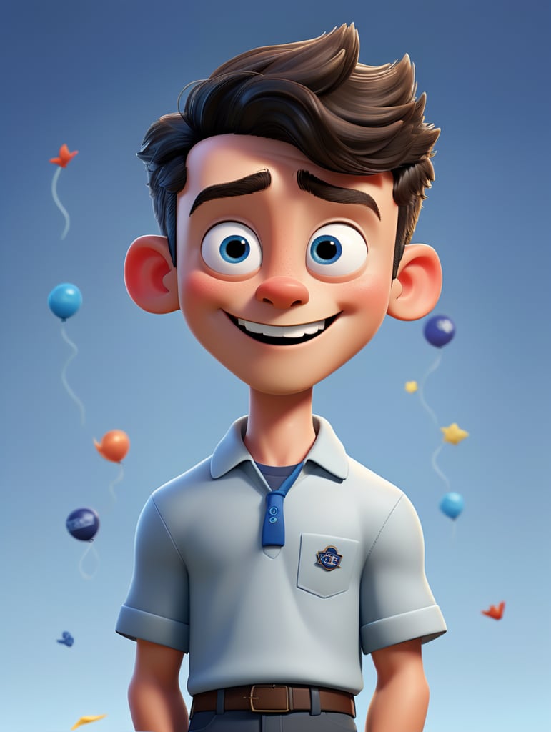 a young boy, 25 year old, creative, and kind-hearted person with dark hair, blue eyes, a small nose, and a smiling mouth, wearing with a college graduate wearing a mortarboard jumping, smiling and winking and navy yarmulke standing centered in 3D style, rendered using, Pixar style.