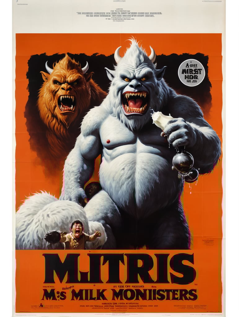 A vintage 1960s movie poster of a milk monster. The monster is fat and all white with soft fur.