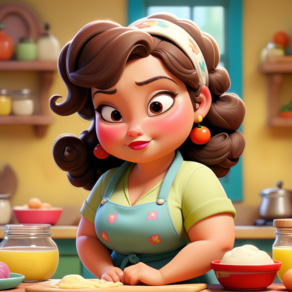 South American brunette woman, chubby, full lips, curly dark brown hair, wearing an apron, headscarf in a kitchen in front of a counter kneading a loaf of bread, Disney Pixar style