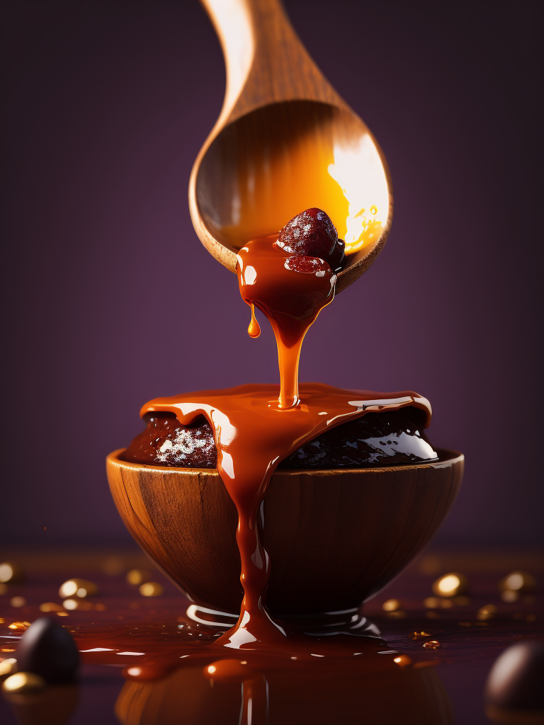 a photo of honey from the wooden spoon going down on the melted chocolate, deep purple background, deep atmosphere