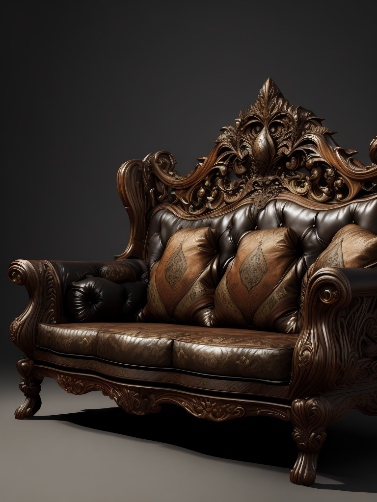 a wooden sofa carved from the dark wood, detailed, deep carving, handcrafted