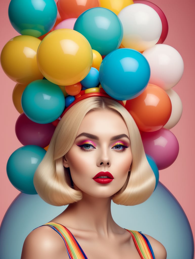A beautiful female blonde, fun, multicoloured vintage pop colour, giant balloon hat, sleek, clean makeup, with depth of field, minimalist