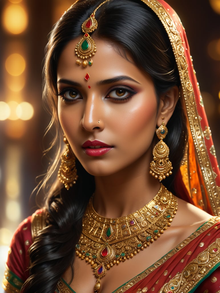 Indian Tamil girl, rich beautiful sari, bright makeup, golden jewelry, casino