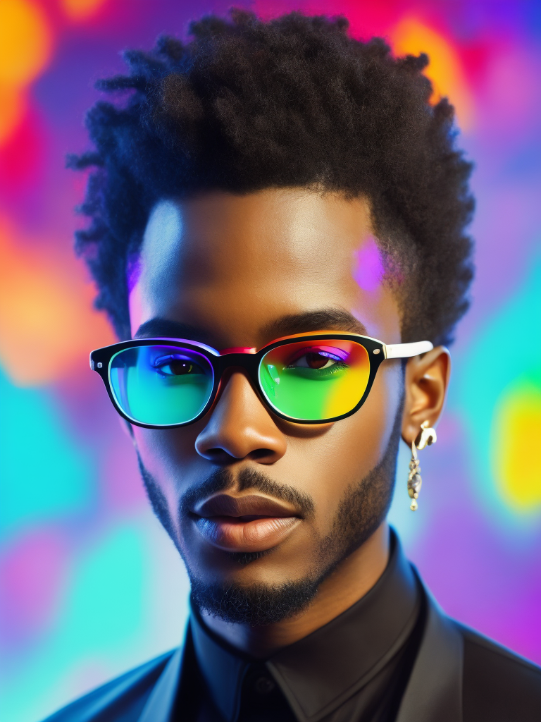 Detailed portrait of the singer the Weekend, Glasses with colored lenses, bright saturated colors, with a small beard, afro hairstyle, bright gradient background,