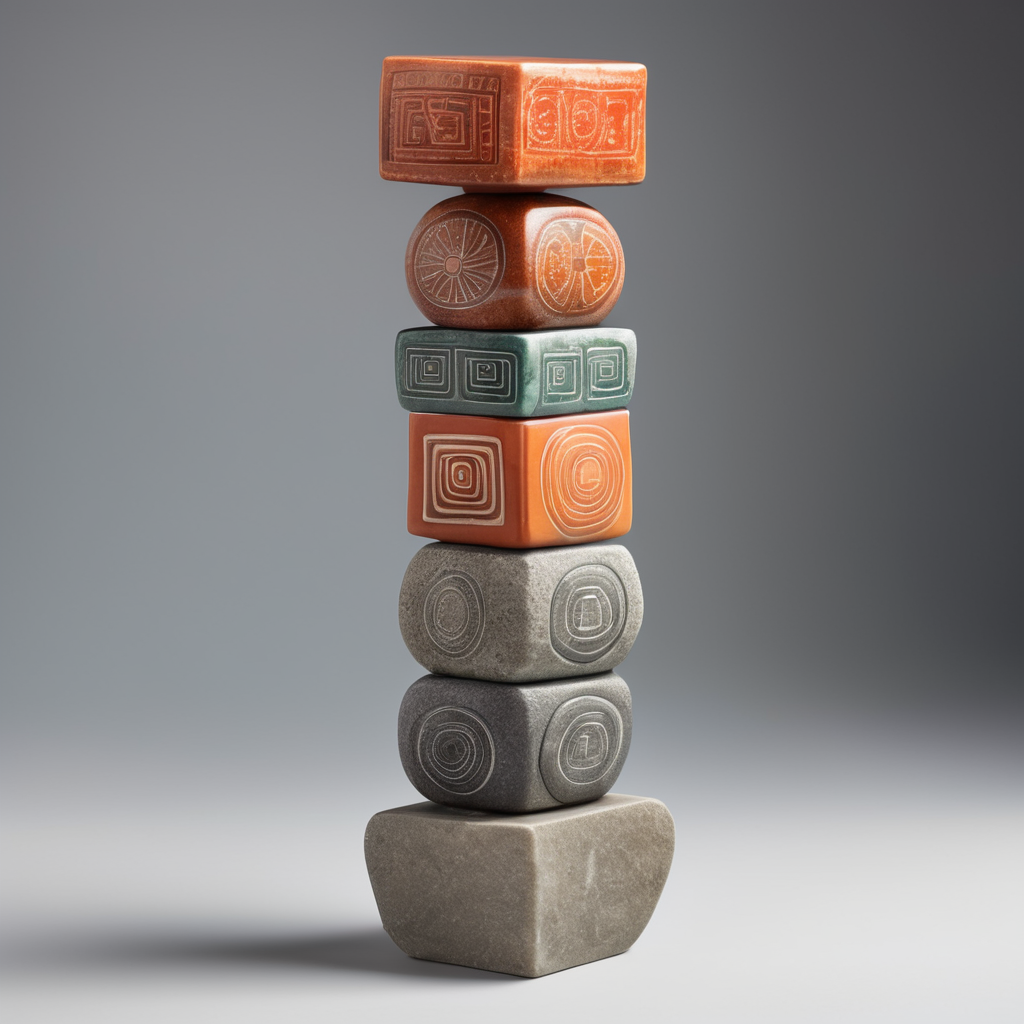 Tótem de cerámica de 5 figuras geométricas de materiales rocosos y en medio del Tótem una piedr de color vibrante en material semitraslucido. Mucho margen