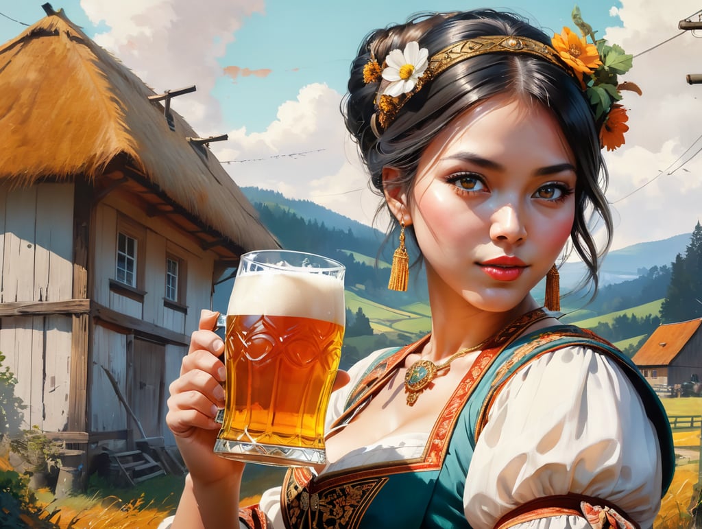 anglo saxon woman on Cute Poster Art for Oktober Fest in the German countryside, girl dressed in traditional tracht and drinking beer, new exciting angle