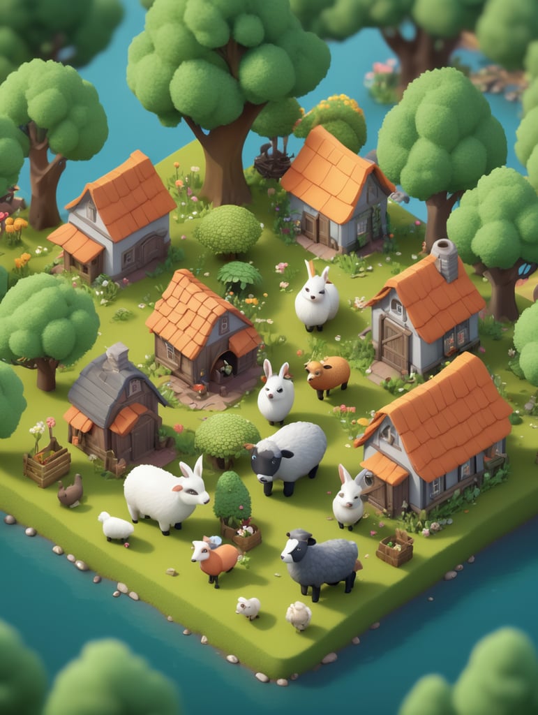 Detailed 3d farm island, fluffy trees, animals, working people, cute creatures, gathering place, flowers, game art style, 3d model, blender modeling, stylized, isometric, tinye style, cute, postcard style, miniatures