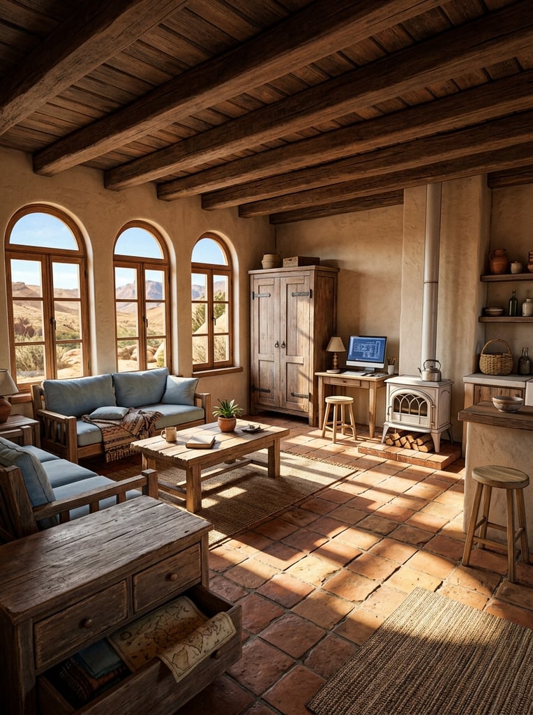 rustic sunlit living space, wooden beamed ceiling, tiled floor, bright warm sunlight streaming through three arched windows, long distinct shadows across tiles, wooden seating with pale blue cushions, central wooden coffee table, open foreground drawer, wooden wardrobe, desk with computer monitor, white wood-burning stove, kitchen counter with woven basket and wooden stool, arid landscape visible outside, 3D concept art rendering, warm earthy color palette, high contrast lighting