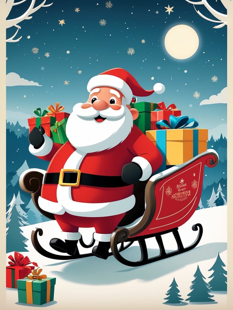 in the style of Aardman Animations a poster for santa and sleigh with presents , cute christmas poster