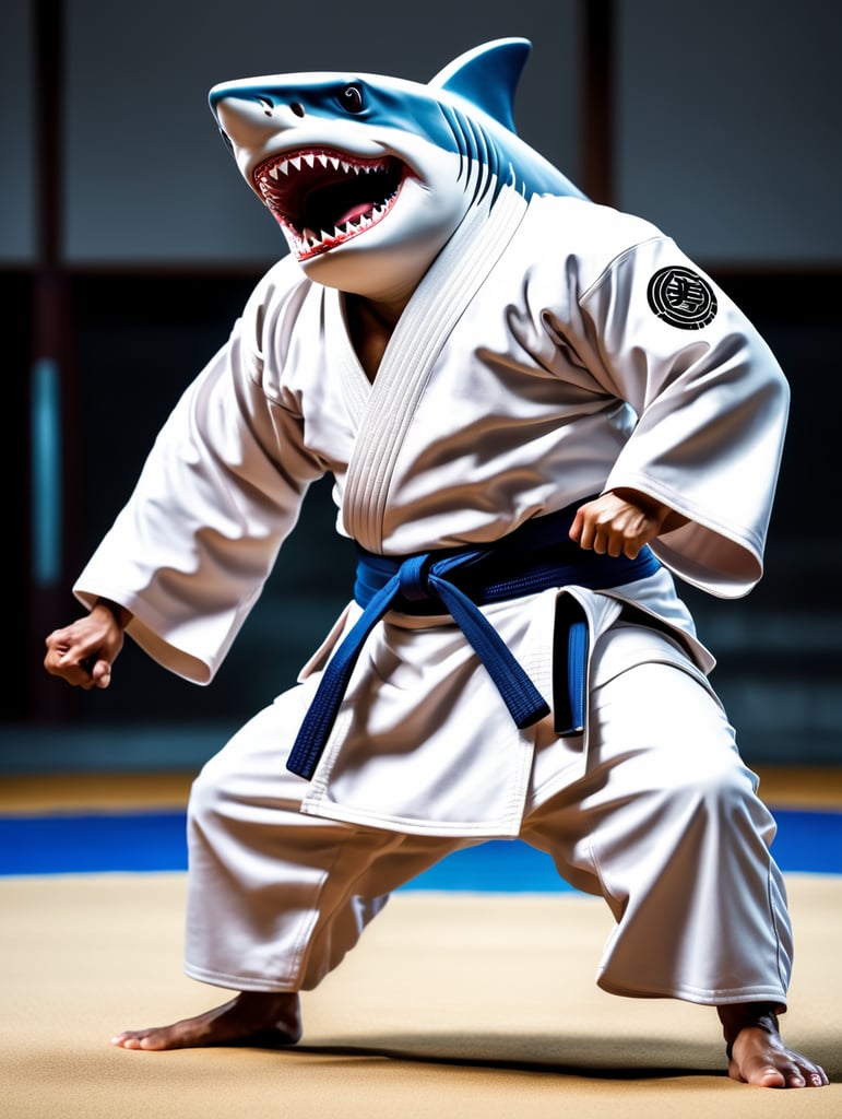 humanoid shark in judo kimono stay in action pose and angry face