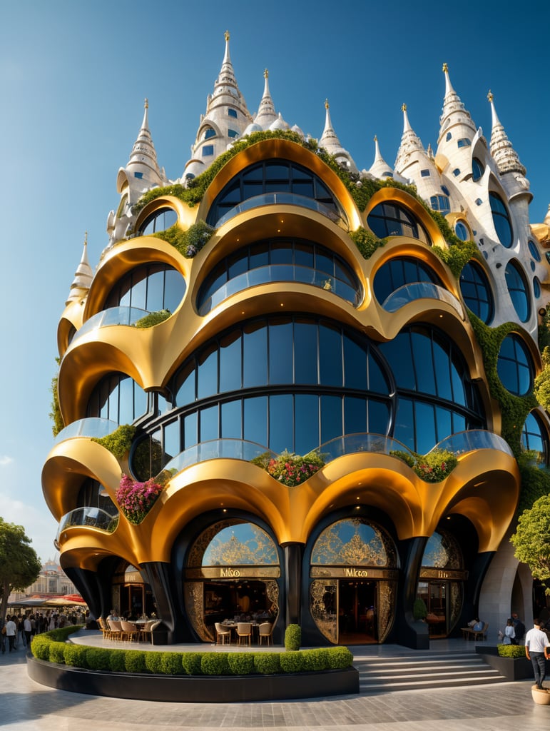 dream prompt: wide viewing angle and large view Landscape photography hyper realistic futuristic neocosmic exterior architecture of a complex Fluid flowers facade of restaurant in a geometric shapes spectrum, Antoni Gaudi architecture style, 2023s, landscape ambience, sunny day, in istanbul city, gold glass::1 black:3, hyper detailed, landscape lighting, camera nikon, 8k, --s1000 --style raw, you must dream