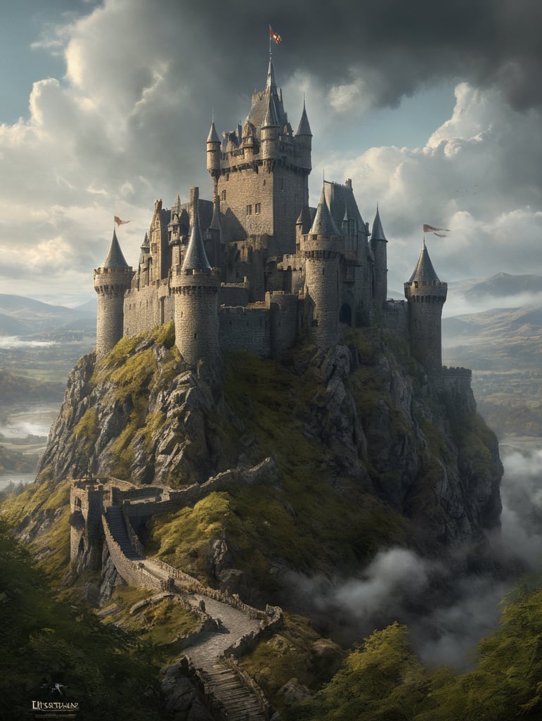 Castle in Scotland with fog around the turrets, and brimming with archers. In a style like HR Geiger. Dragon should be circling the castle in the air.