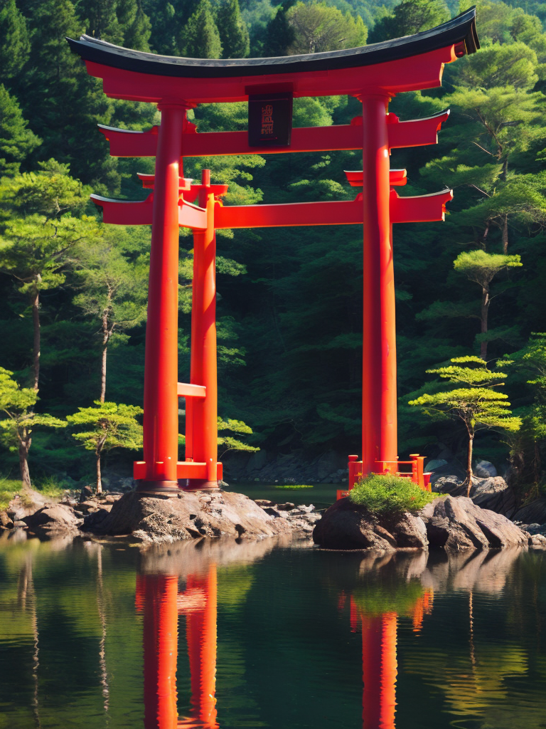 Red torii gate in middle of a lake, Dense forest on the edge of the lake, Bright and saturated colors, Japanese culture, photorealistic, contrast light