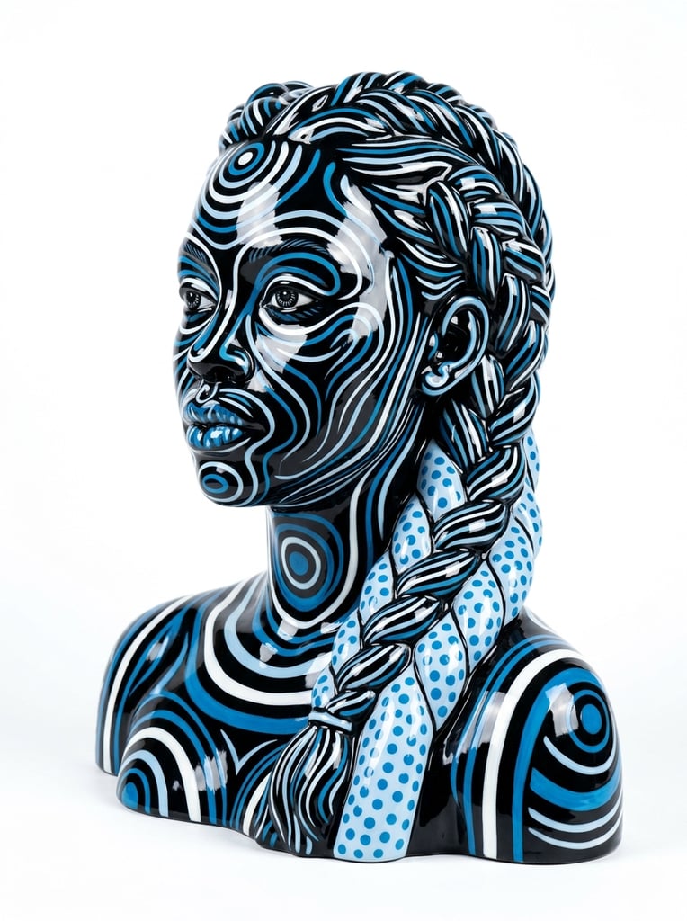 A highly polished, glossy ceramic sculpture of a woman with braided hair positioned against a stark, pure white background. The entire three-dimensional figure functions as a seamless canvas for elaborate, high-contrast surface patterns restricted to a distinct color palette of pitch black, vibrant cerulean blue, pale powder blue, and crisp white. Swirling, undulating white and blue contour lines map the organic topography of her face and trace the interwoven strands of her thick braids over a deep black base. Specific anatomical sections, such as her shoulders and alternating segments of her hair, are blocked out in pale powder blue filled with densely packed, solid cerulean polka dots. Concentric circular motifs and bold, sweeping stripes wrap around her neck and forehead, emphasizing the sculptural volume of the figure. The ultra-smooth, glass-like surface reflects pristine studio lighting, creating sharp, elongated white specular highlights that curve prominently across her cheekbones, jawline, and the raised ridges of her braided hair, isolating the vibrant, vividly patterned form within a pristine white void.