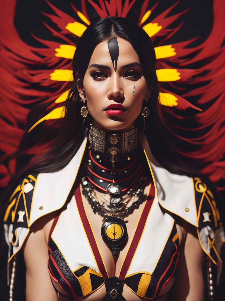 a native american woman in regalia, in the style of surreal cyberpunk iconography, red white yellow black, glamorous pin-ups, rtx on, bulbous, undefined anatomy