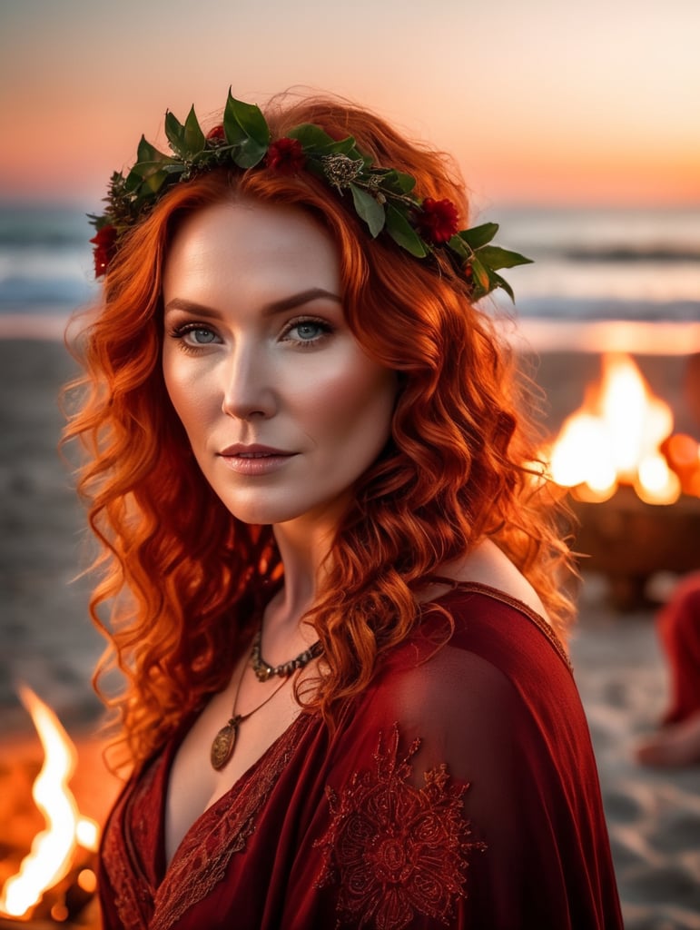 mother Wiccan goddess wearing red boho fashion, Curly Red hair at a large beach bonfire at night, looks like actress Brigid Brannagh