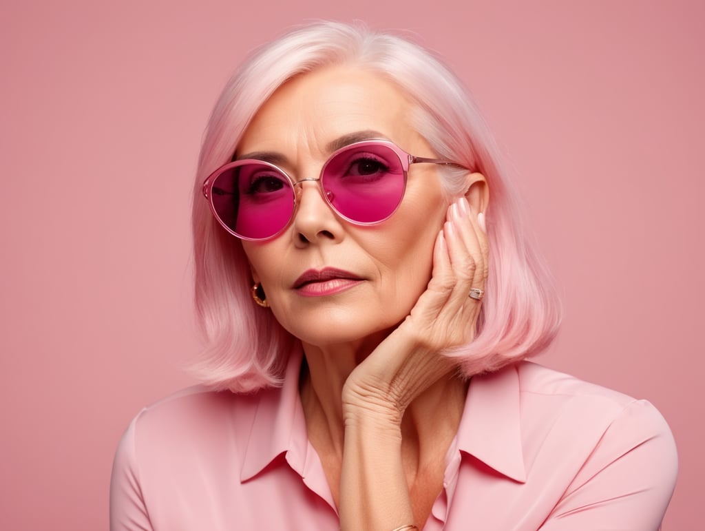 Blonde middle aged woman ponders on something keeps hand near face, pink hair, pink blouse, pink sunglasses, minimalistic style, fashion, mature women, pretty old women, isolated, pink background