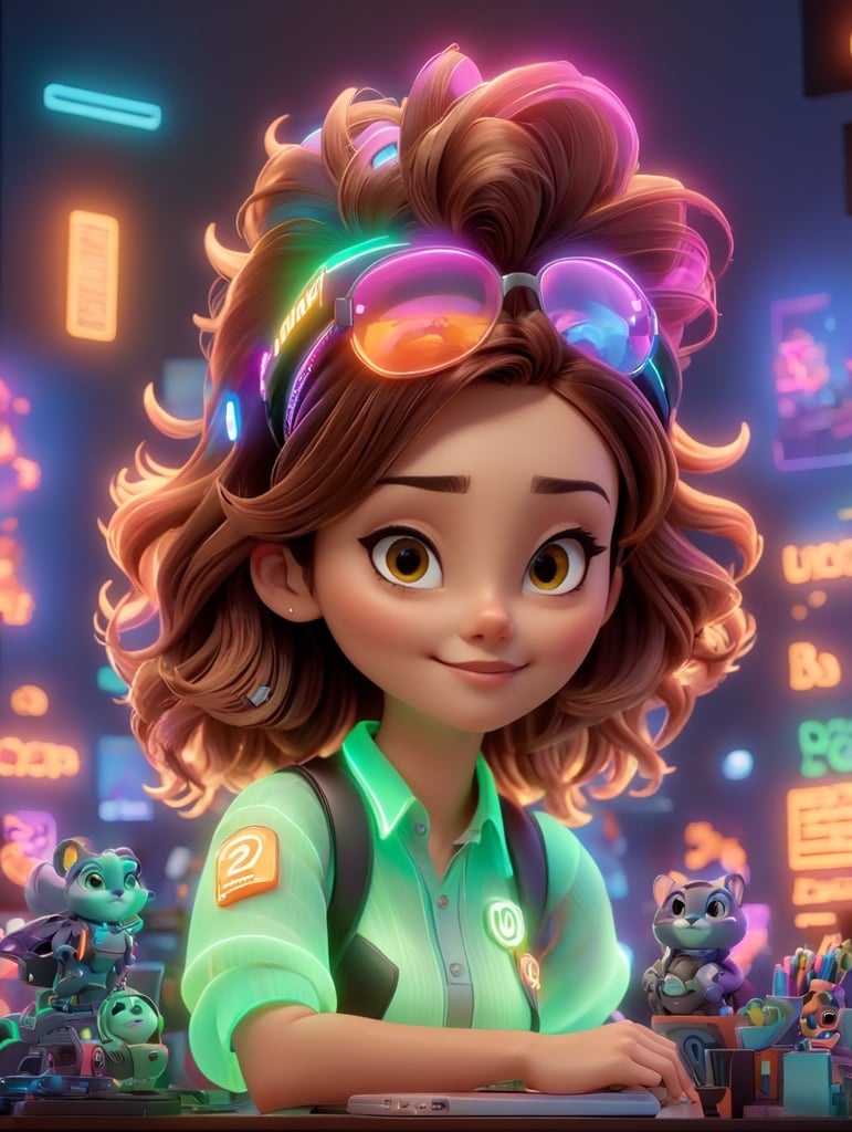 young woman, creative, cool, in a desktop, with neon lights, eCommerce, pixar style, in a big office background