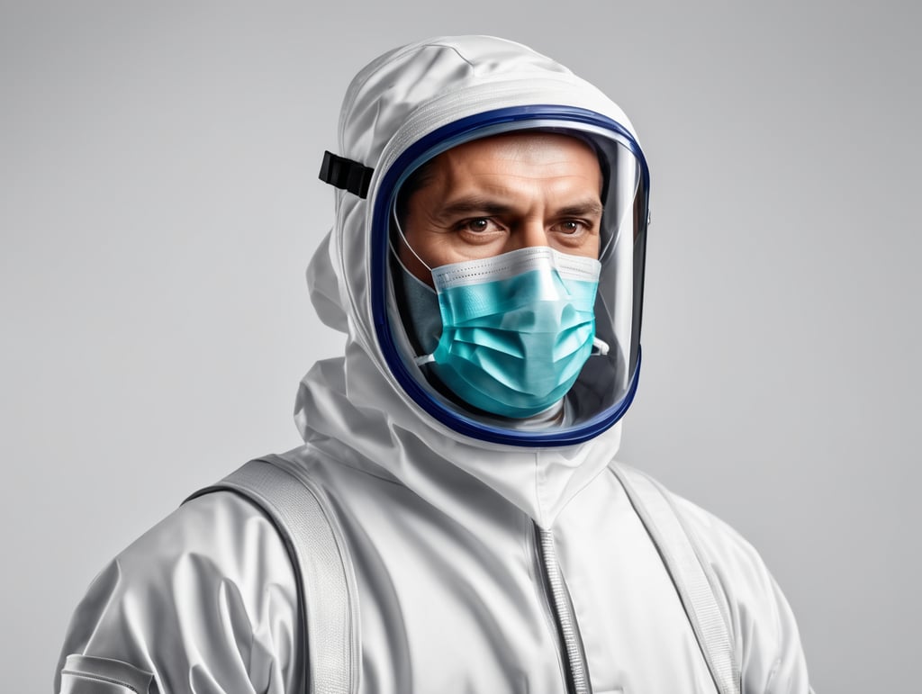 A realistic photo of a man wearing medical protective suit, isolated, white background