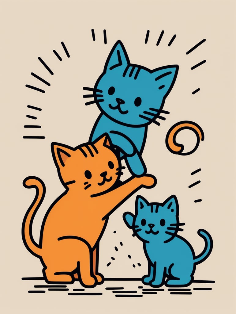Simple figural illustration of a two kittens playing, solid color background, Keith Haring style graffiti, sharp illustrations, bold lines and solid colors, simple details, minimalism