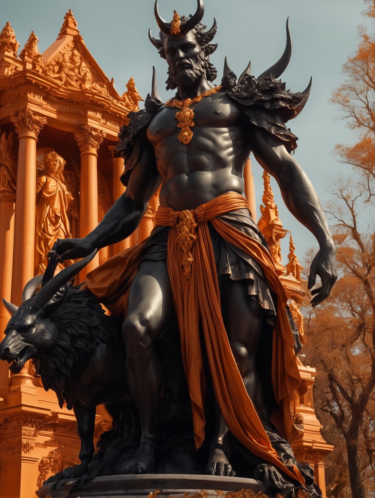 the statue of demon's is on top of it in the background, in the style of experimental filmmaking, dark orange and gold, experimental videos, southern gothic-inspired, baroque nu-vintage, slumped draped, captures the essence of nature