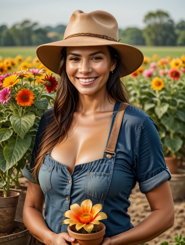 A beautiful woman farmer smiles and wears a hat. She stands in a farm field, holding a a colorful flower pot in front of her breast.