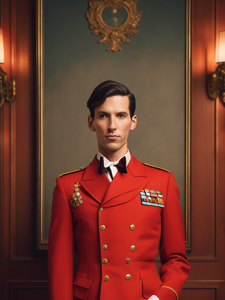 Vintage Portrait of hotel porter, Red uniform, Wes Anderson style, Incredibly high detail, Bright colors